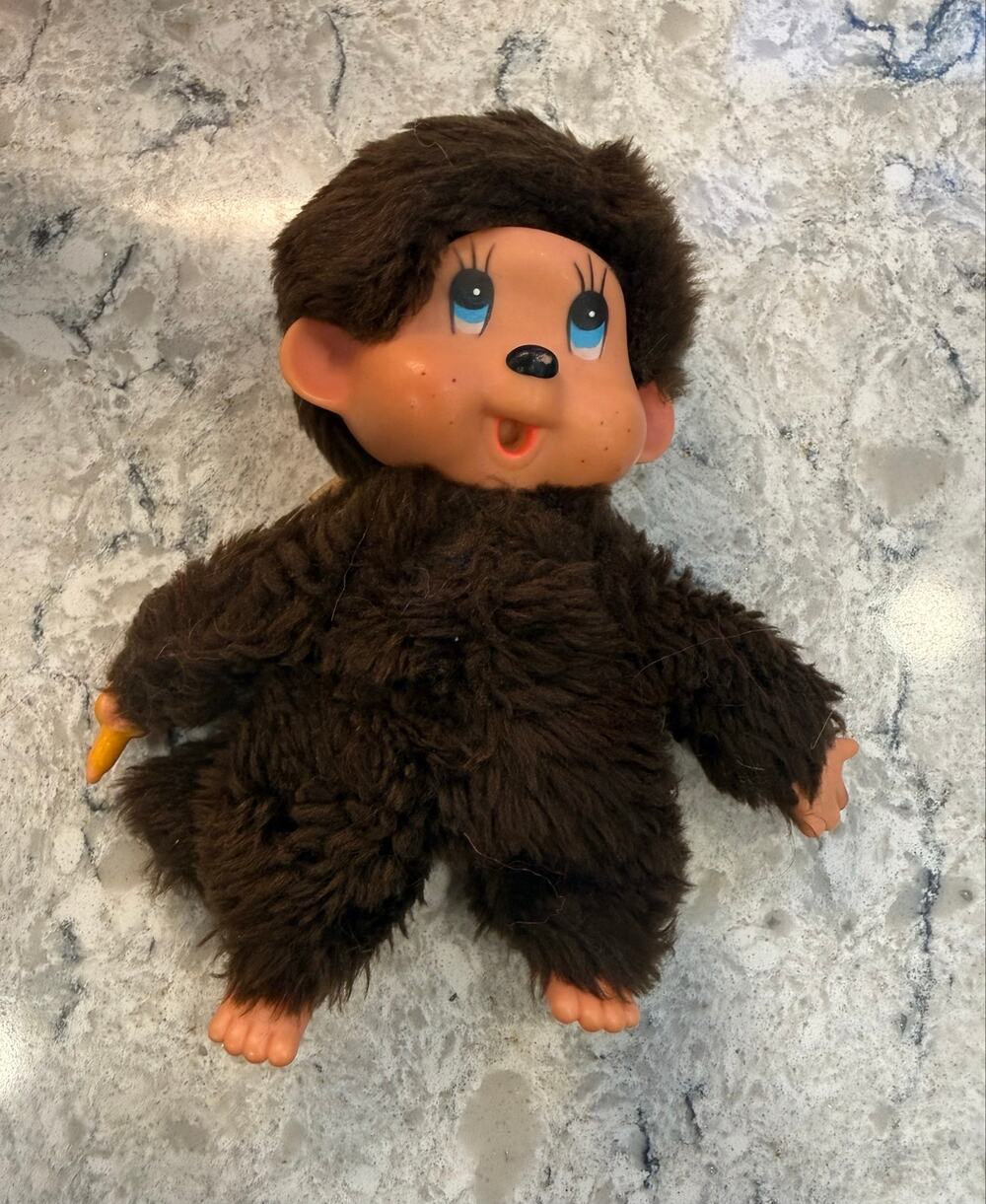 1970s Sekiguchi Monchhichi Monkey Doll featuring Bown Fur and Blue Eyes